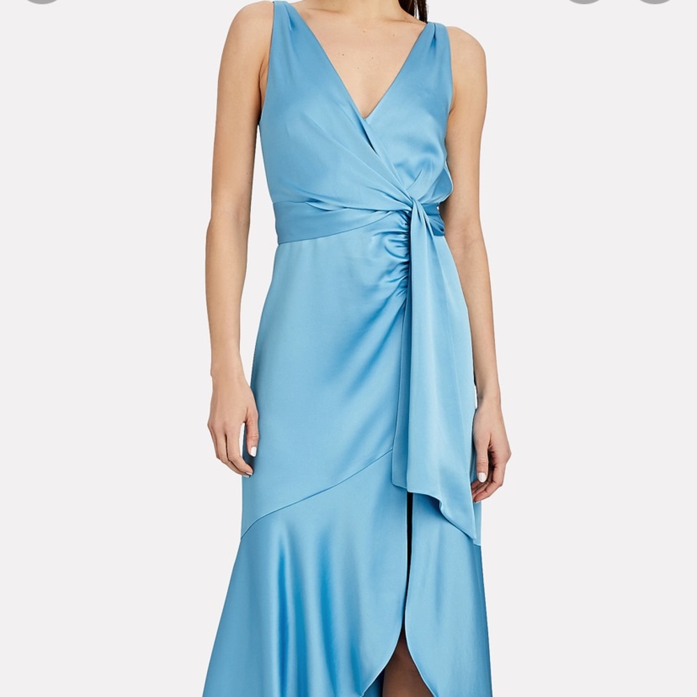 Jonathan Simkhai Mia wrap knotted satin midi dress sky shimmer blue 14